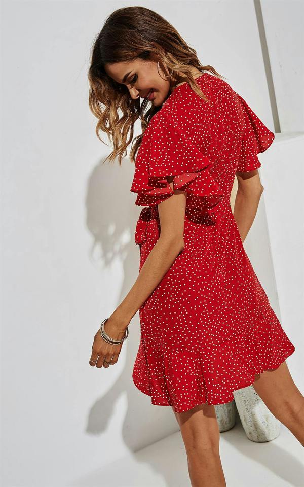 FS Collection White Dot Summer Mini Wrap Dress In Red