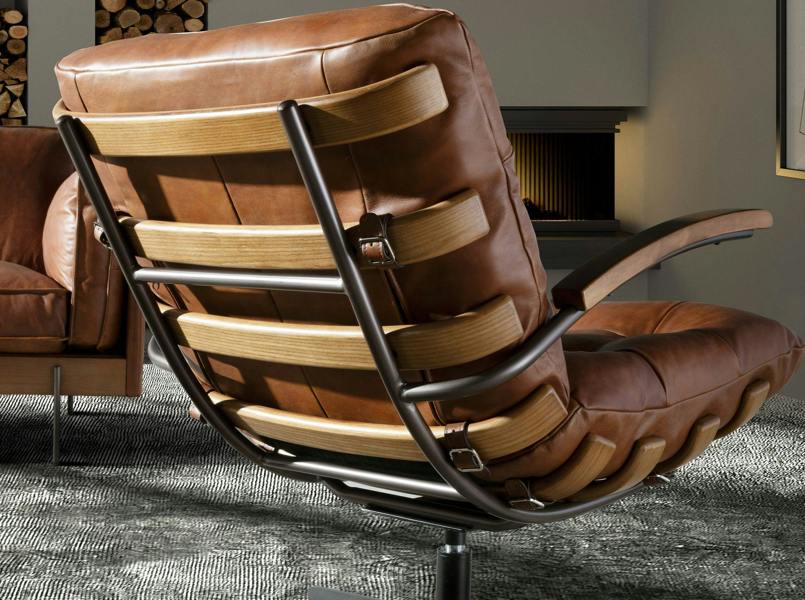 Angel Cerdá Dark brown leather and walnut swivel armchair 5154