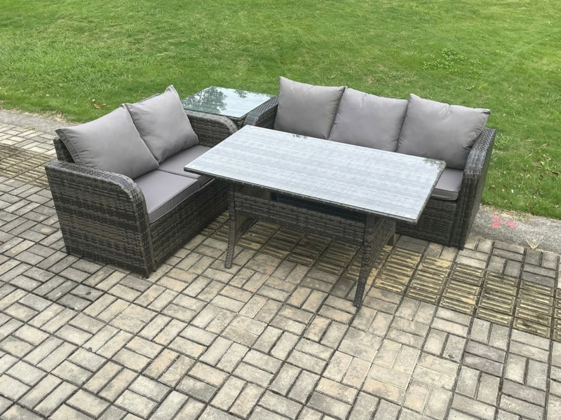 Fimous Outdoor Garden Patio Furniture Wicker Rattan Oblong Rectangular Dining Table and Lounge Sofa set with Side Table Dark Grey Mixed