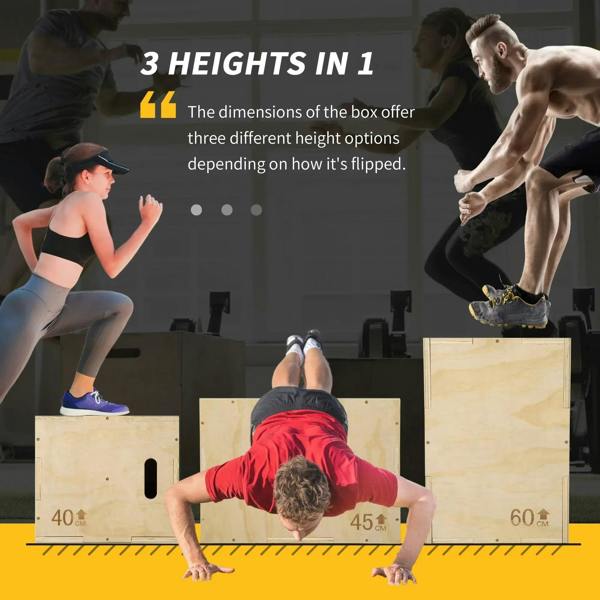 Natural wooden plyometric jump box shown during training with multiple box heights