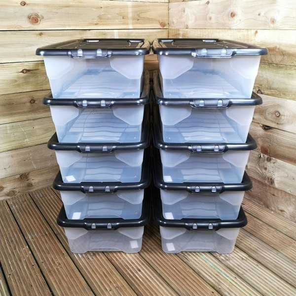 Samuel Alexander 10 x 42L Clear Under Bed Storage Box with Black Lid, Stackable and Nestable Design Storage Solution