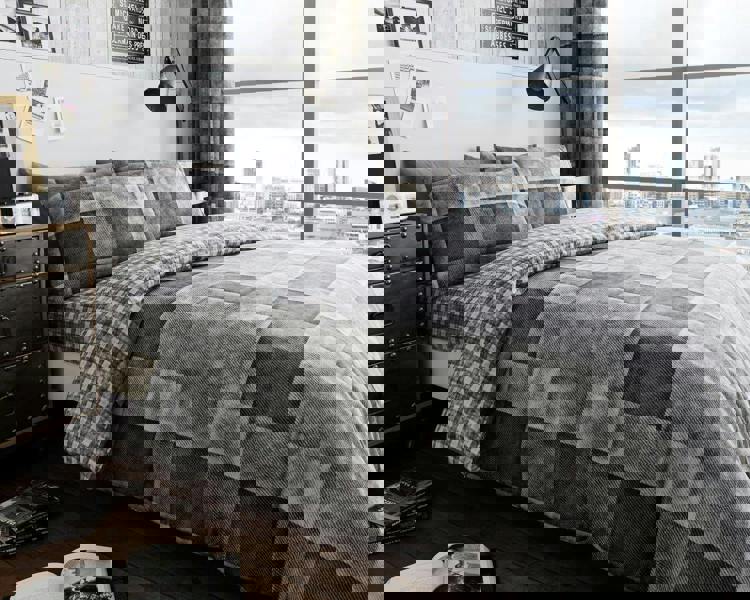 Smart Living Denim Check Duvet Cover and Pillowcase Set - Grey