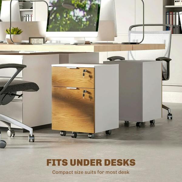 Compact two-drawer filing cabinet with wood-effect drawers and caster wheels
