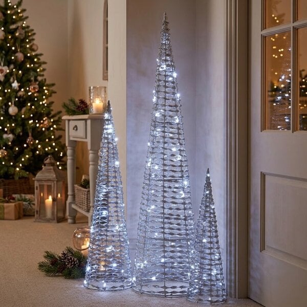 Garden Greatness GlitterTwist Silver LED Light Tree Set of 3