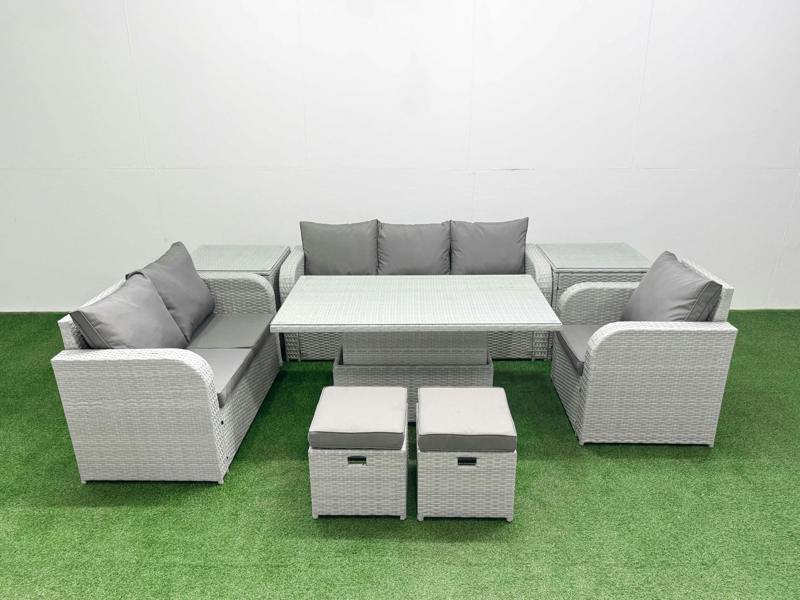 Fimous 8 Seater Garden Furniture Set, PE Rattan, Adj Height Table, Reclining Chair, Loveseat, 3 Seater Sofa, Stool & 2 Side Tables, Light Grey