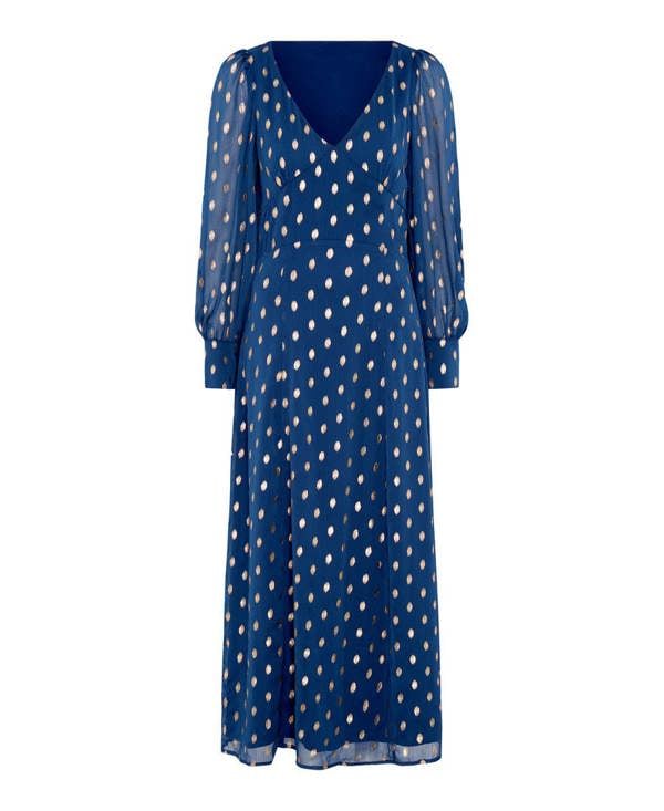 Blue Foil Maxi Dress long sleeves