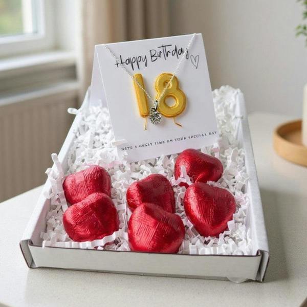 Aye Do Gifts 18th Birthday Necklace Gift Box, Cubic Zirconia & Chocolate Treats