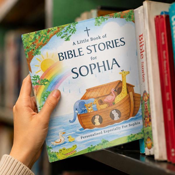 A close-up lifestyle photograph of a person's hand sliding a copy of the Personalised Children's Bible Stories Book from Abode Home & Gifts, custom printed for Sophia, onto a packed wooden library bookshelf.