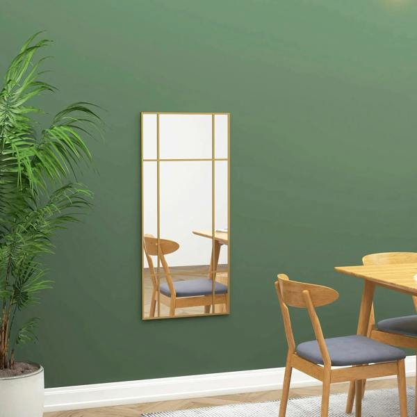 Gold-tone grid wall mirror with rectangular frame and reflective glass panels.