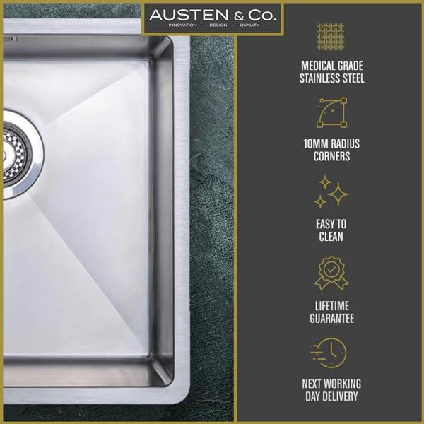 Austen & Co. Roma Stainless Steel Large Inset/Undermount Single Bowl Kitchen Sink. Lifetime Guarantee, Fast Delivery