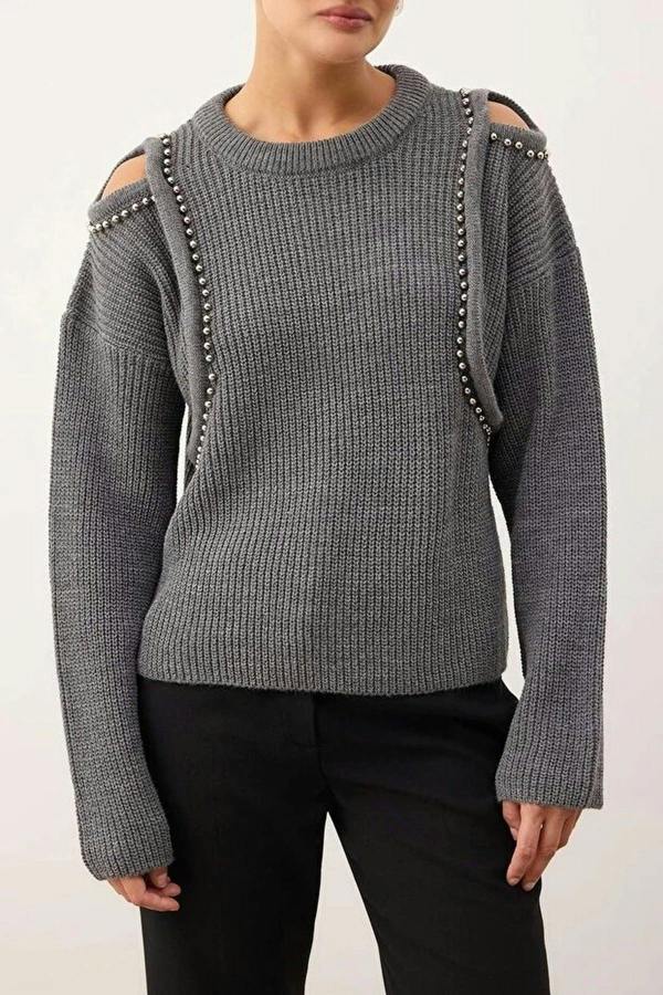 WOVCOR Pearl Embellished Knit Sweater with Shoulder Cut Out Detail