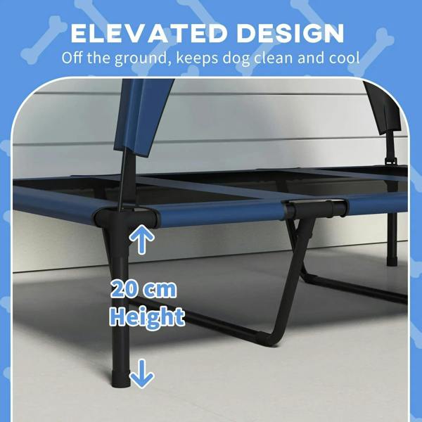 Elevated design of dark blue raised pet bed frame with canopy