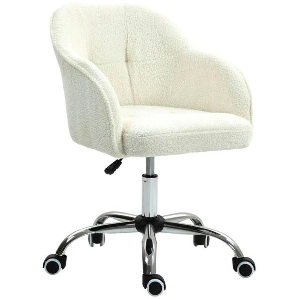 Cream teddy fleece office chair with rounded arms, swivel base, and caster wheels