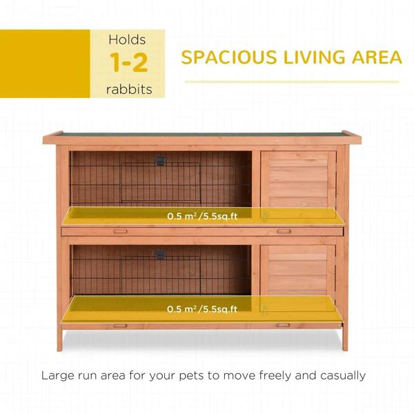 Orange wooden rabbit hutch interior with wire mesh floors and yellow no-leak trays