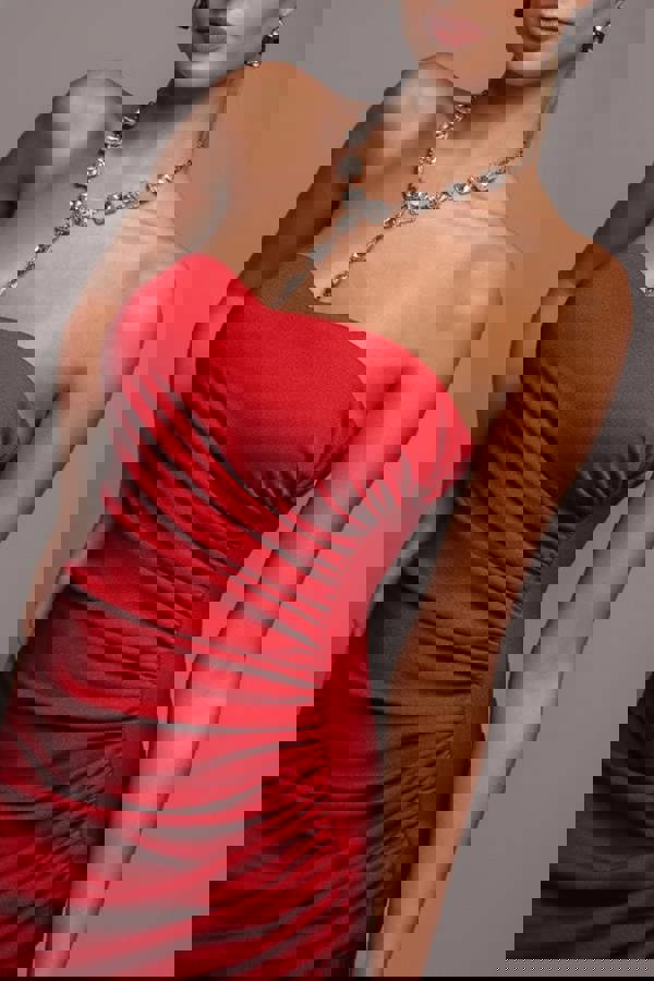 Scuba Crepe Bandeau Maxi With Diamante Necklace - Red DR4271