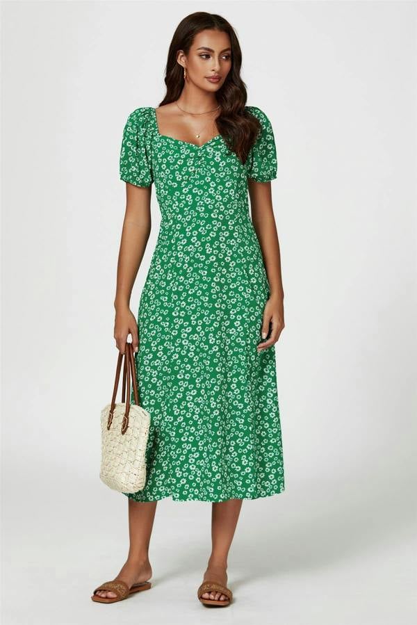 FS Collection Puff Sleeve Heart Neckline Midi Dress In Green