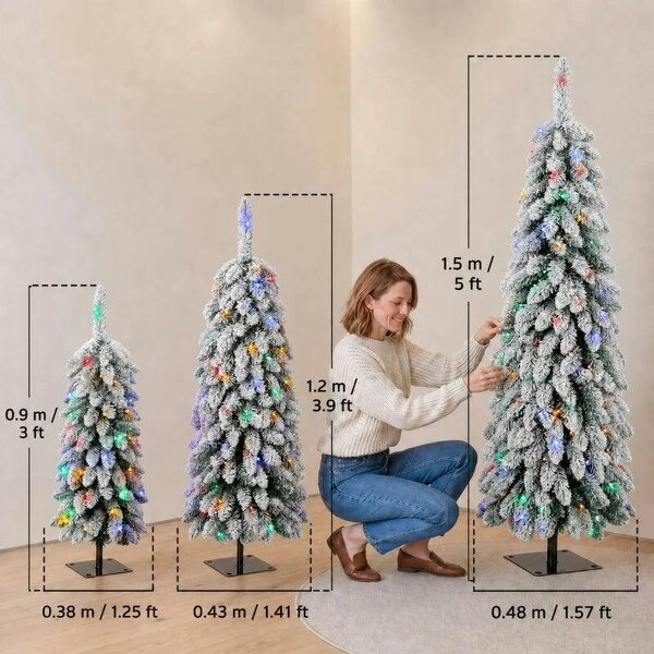 Bobobiy Artificial Christmas Tree Set of 3, Snowy Pre-Lit Christmas Tree with PVC Branch Tips, 90/120/150 cm, Green White