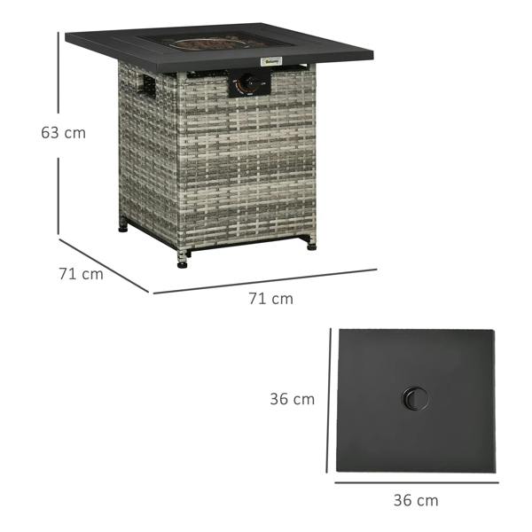 Grey rattan square gas fire pit table with side control dial and four legs