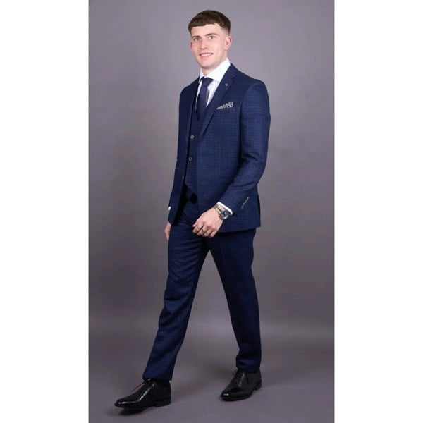 Robert Simon Luis - Men's Blue Plaid Check Slim Fit 3 Piece Suit