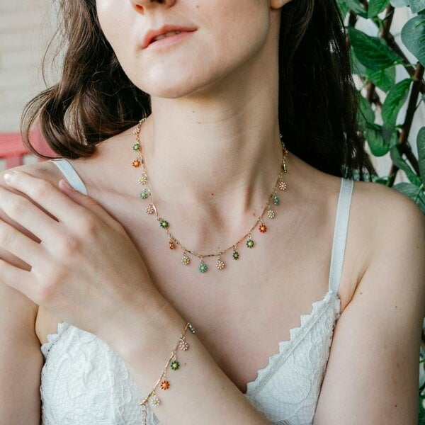 The Colourful Aura Colourful Rainbow Flower  Indie Boho Daisy Charms Dangle Choker Summer Necklace