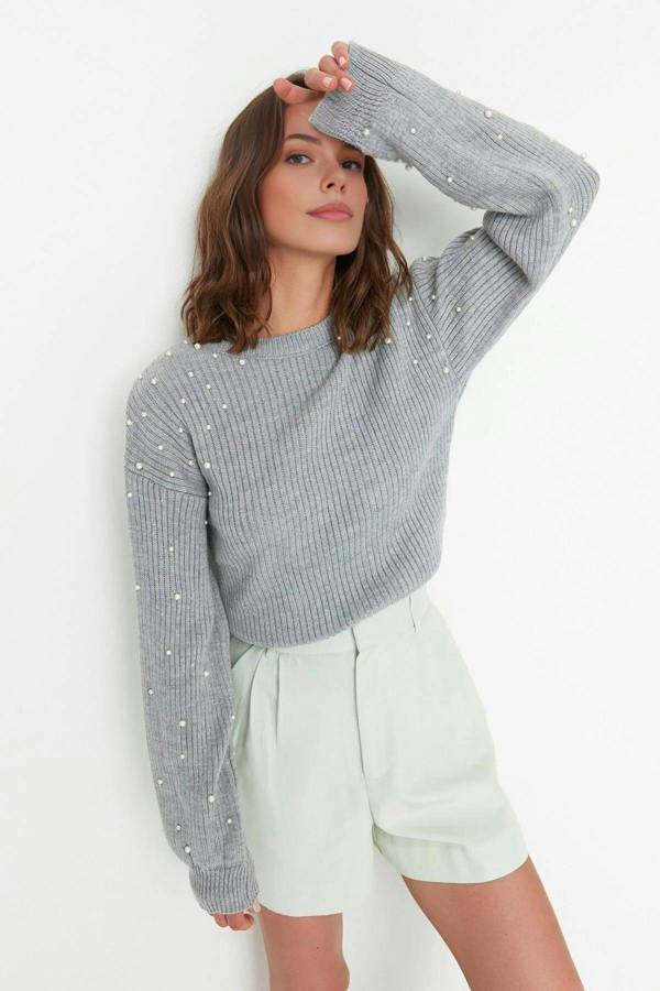 WOVCOR Crew Neck Knit Sweater with Pearl Details