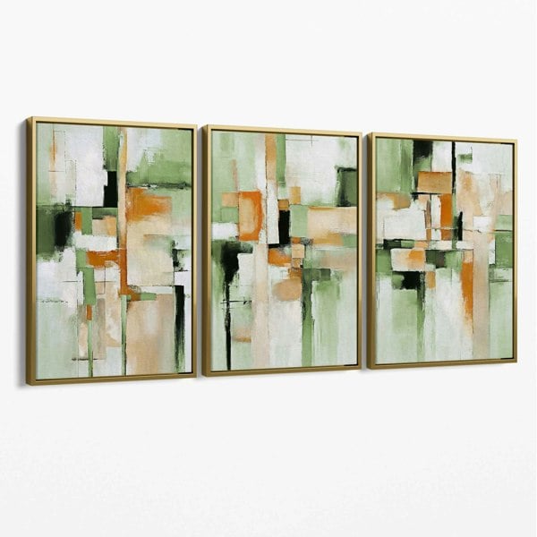 Artze Wall Art Abstract Sage Green and Orange Set of 3 Canvas Wall Art