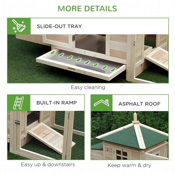 Chicken coop interior with slide-out tray and built-in ramp