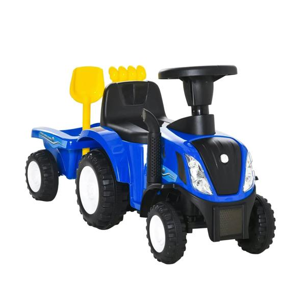Blue toddler ride-on tractor walker with yellow front horn and four chunky wheels