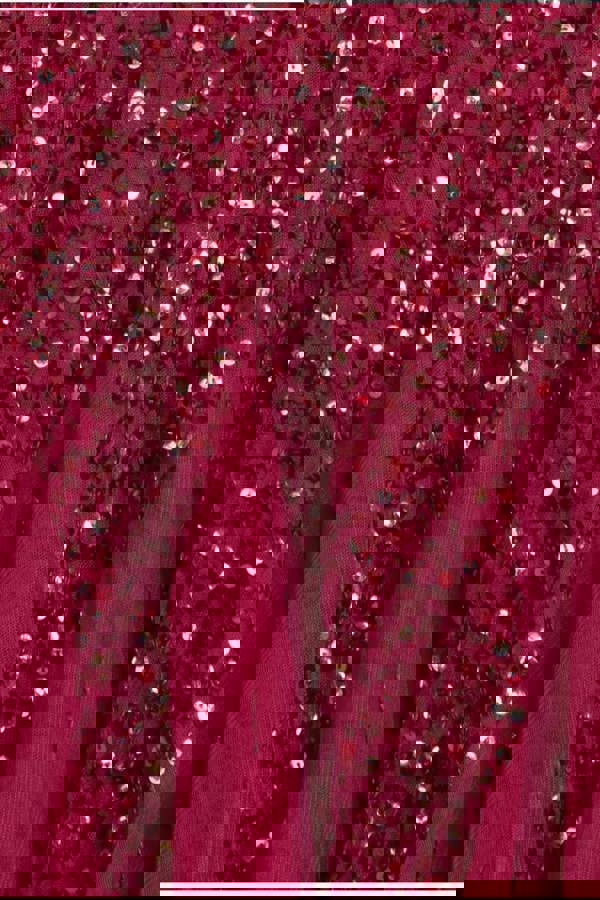 Sunray Hand Embellished Sequin A-Line Bell Sleeve Maxi Dress - Burgundy DR4654