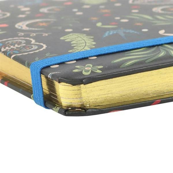 Notebook spine close-up with blue binding and layered pages