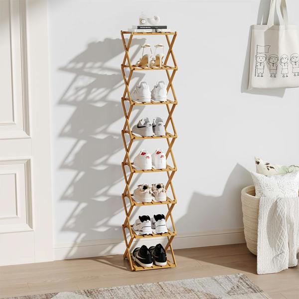 Living and Home 9 Tier Bamboo Folding Shoe Rack Shoe Storage Organiser - Natural