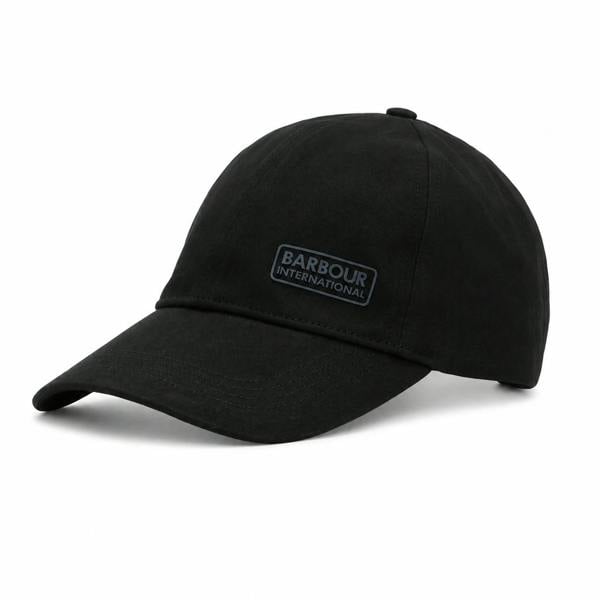 Black Barbour International Norton drill baseball cap with a tonal branded rubber patch on the front.