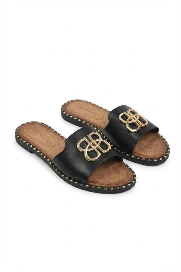 Abby Sparkle Buckle Gold Studded Flat Sandals - Black_wb