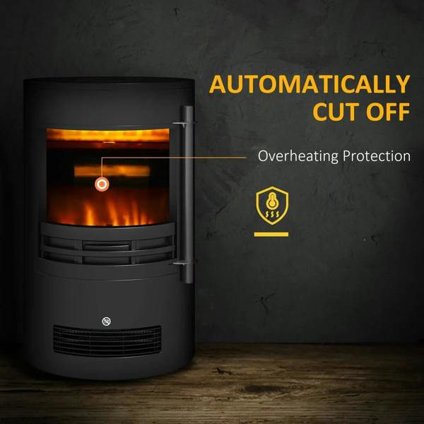 Black electric fireplace heater with flame window and ventilation grille on the front