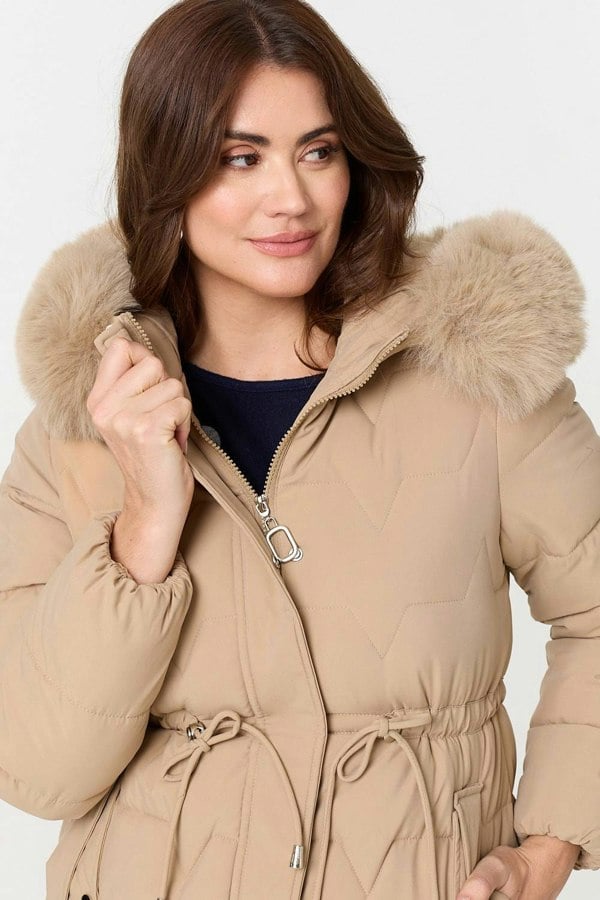 Beige | Faux Fur Hooded Tie Waist Puffer Jacket