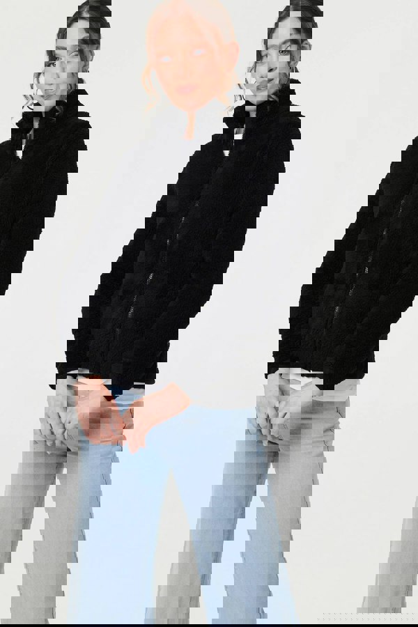 Black | Soft Texture Zip Front High Neck Fleece
