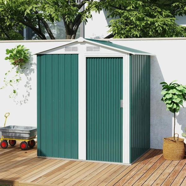 Green metal tool storage shed with double sliding doors and sloped roof, exterior