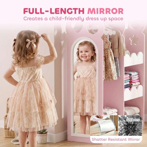 Kids Wardrobe, Children Dress Up Storage with Mirror, Clothes Rail, Shelves, Hangers for Girls Boys Bedroom Nursery Pink