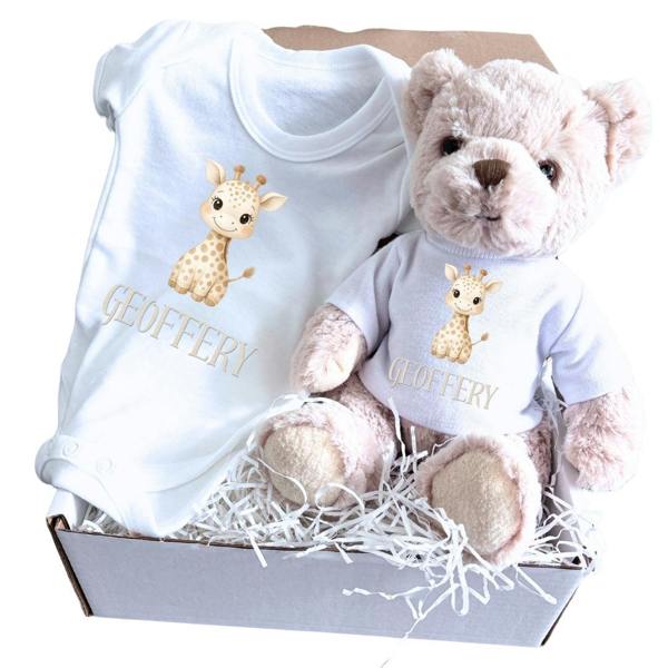 Personalised Little Giraffe Name Baby Gift Box - Teddy & Vest