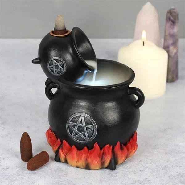 Black cauldron backflow incense holder with pentagram lid and red flame trim
