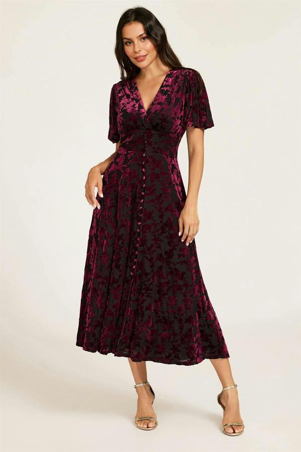 FS Collection Floral Velvet Devore V neckline Dress In Wine