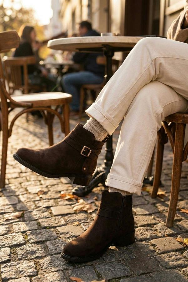 Pearl Faux Suede Wrap Strap Ankle Boots - Brown
