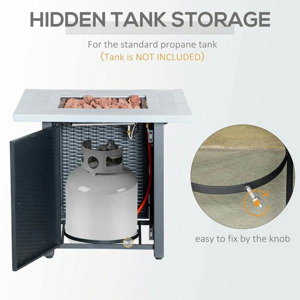 Black and grey gas firepit table with hidden tank storage compartment open