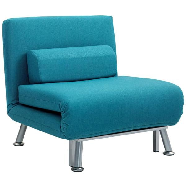 Blue linen-feel sleeper chair with rounded arms, padded back, and metal legs
