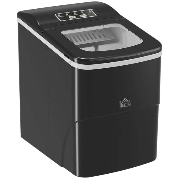 Black countertop ice cube machine with front ice window and top control panel