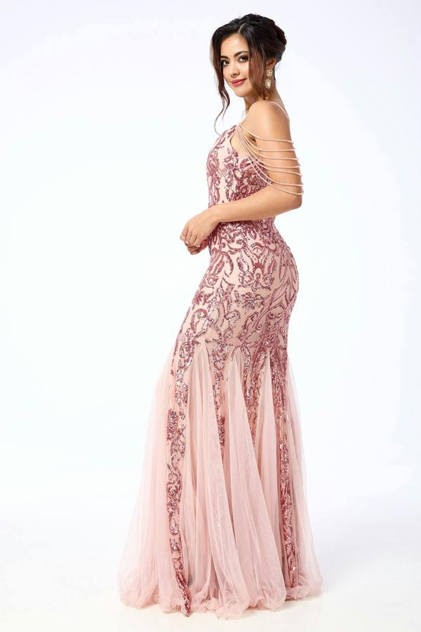 LuvForever Enora - Pink Jewelled Shoulder Sequin Maxi Dress
