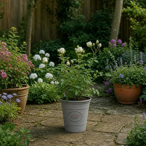 3L White Patio Rose in Decorative Pot Outdoor & Garden Plant