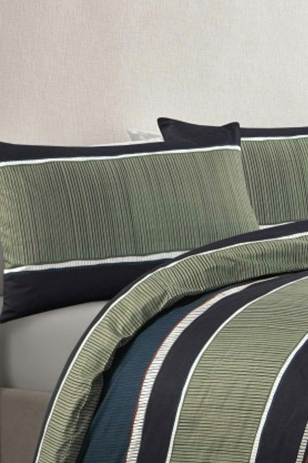 HomeSpace Direct Nate Block Stripe Duvet Cover Set Olive Gree/ Navy Blue Bedding Modern