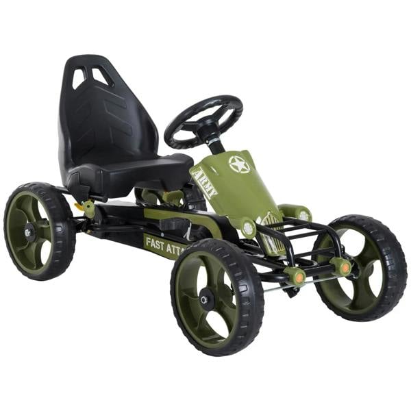 Green kids pedal go-kart with black seat and steering wheel
