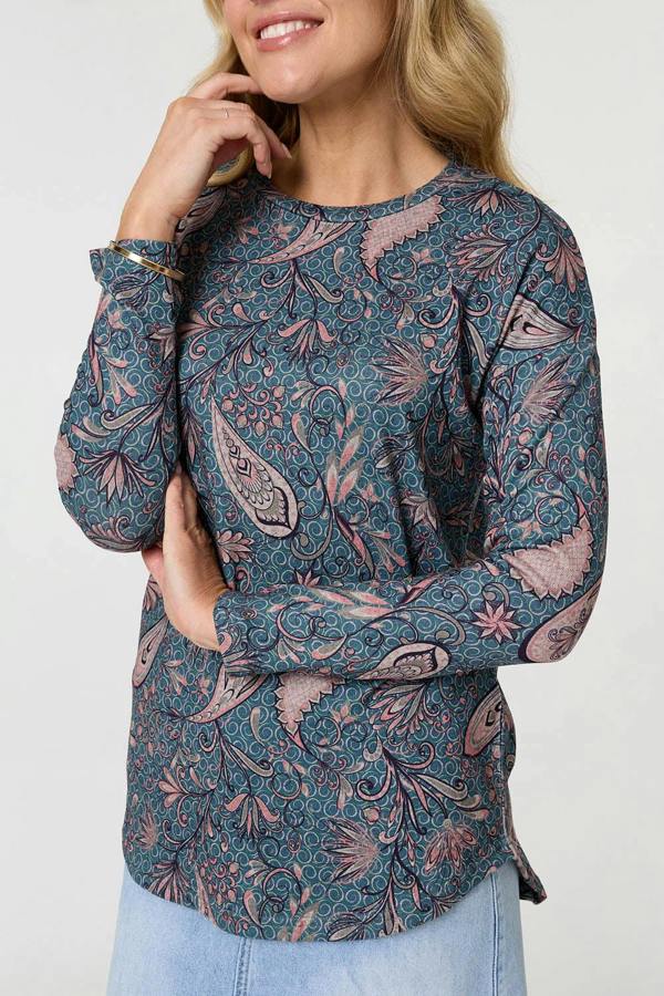 Teal | Paisley Long Sleeve Relaxed Tunic Top